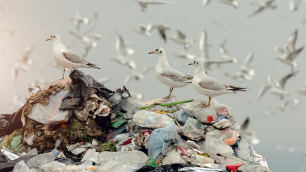 Umweltverschmutzung drei moewen stehen auf einem berg aus muell